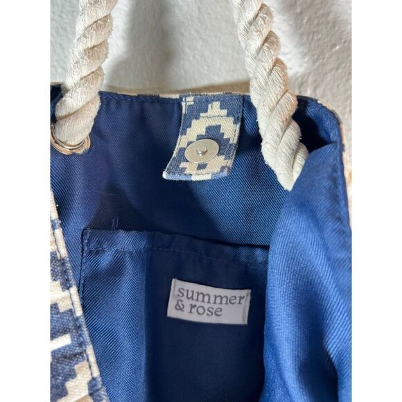 Summer & Rose Rope Handle Square Patterned Tote Bag. Blue & White. Size 14 x 16. - Picture 3 of 8